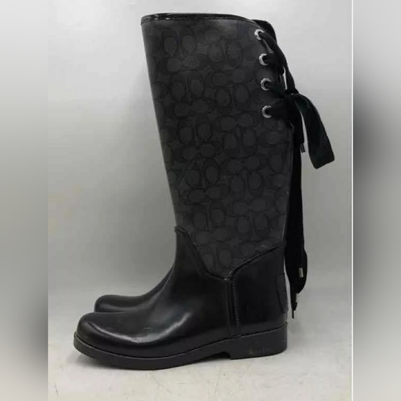 Coach Designer Tristee Black Signature Print Round Toe Rain Boots Size 9 B - Picture 7 of 9